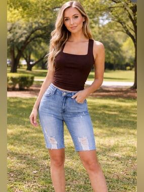 RISEN- High-Rise Distressed Denim Bermuda Shorts - Light Blue